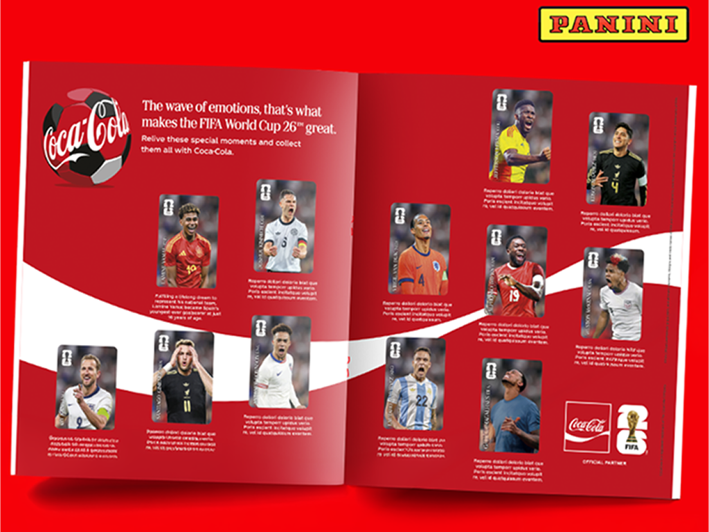Open Panini FIFA World Cup 26 sticker album featuring Coca‑Cola branded spread with multiple soccer player trading cards on red background.