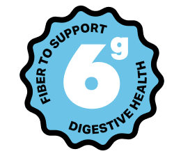 A blue starburst-shaped badge icon reading "Fiber to Support 6g Digestive Health."
