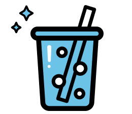 A simple black-outlined icon of a glass with a striped straw, bubbles, and sparkle accents, filled with blue liquid.