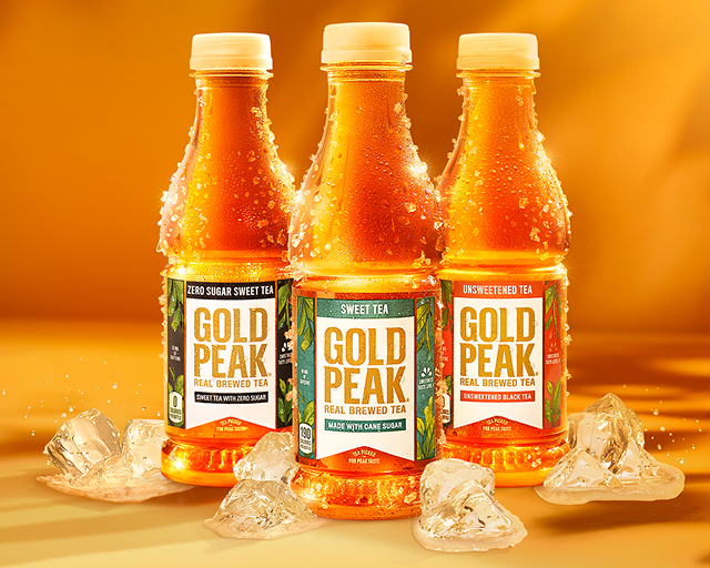 Three bottles of new Gold Peak Real Brewed Tea with ice