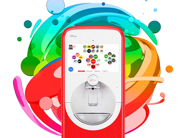 A red-and-white Freestyle touchscreen soda machine surrounded by colorful swirling graphics and brand logos on a white background.