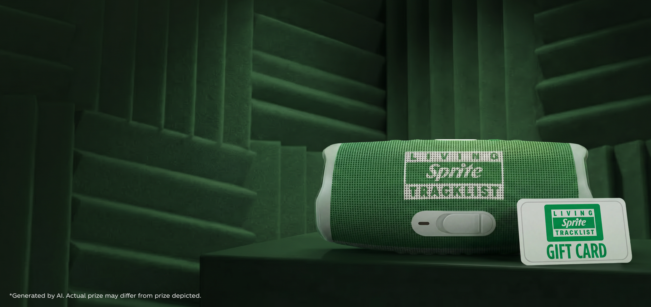 A green speaker and gift card featuring the Living Sprite Tracklist logo against acoustic foam.