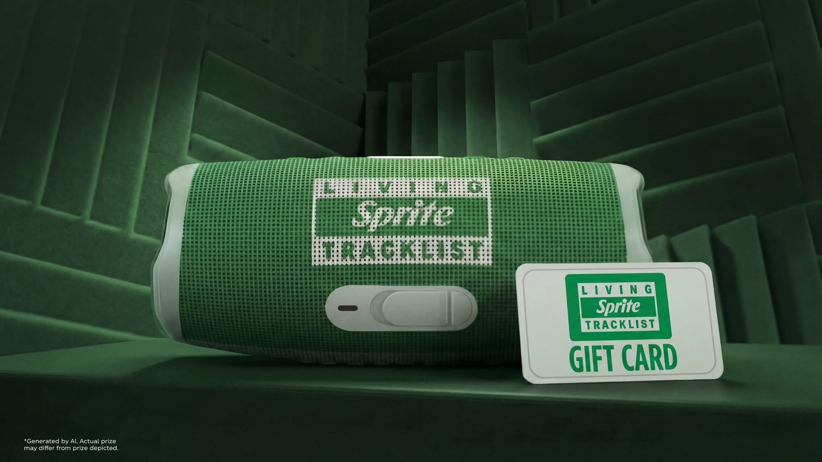 Green Bluetooth speaker with Sprite Living Tracklist logo and gift card prize on dark green studio steps background