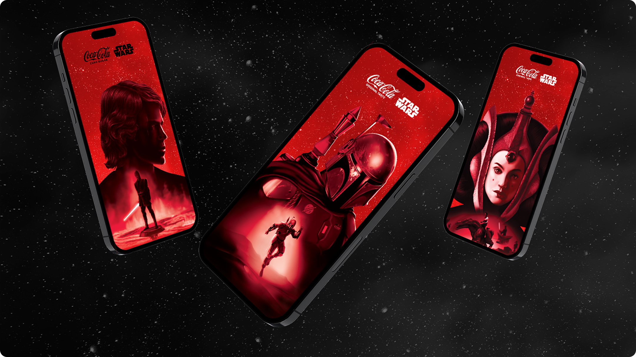 Pantallas de teléfono con personajes de Star Wars en negro sobre un fondo rojo oscuro