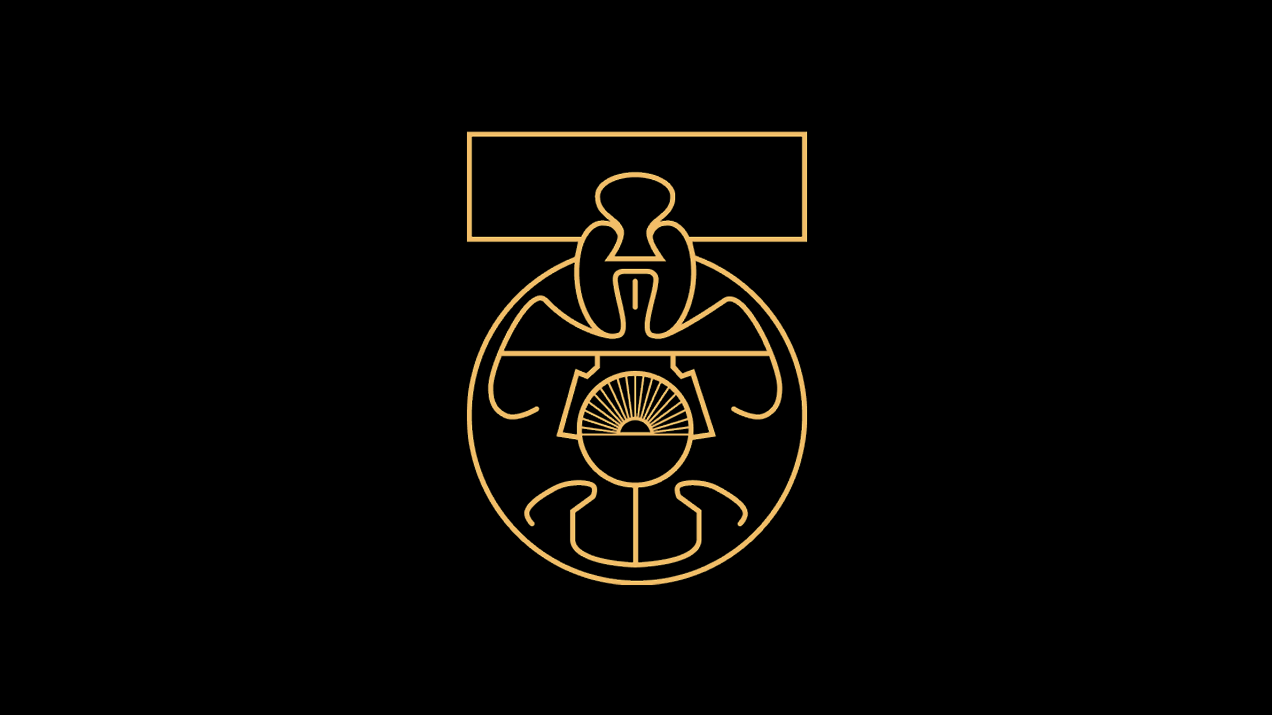 Minimalist gold emblem on a black background inspired by Star Wars. The design features a circular motif with geometric shapes resembling a rising sun and abstract elements, evoking themes of space and sci-fi.