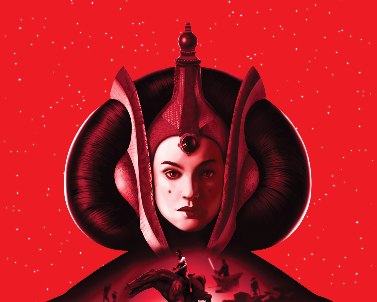 A close-up of Star Wars character Queen Amidala against a starry red background