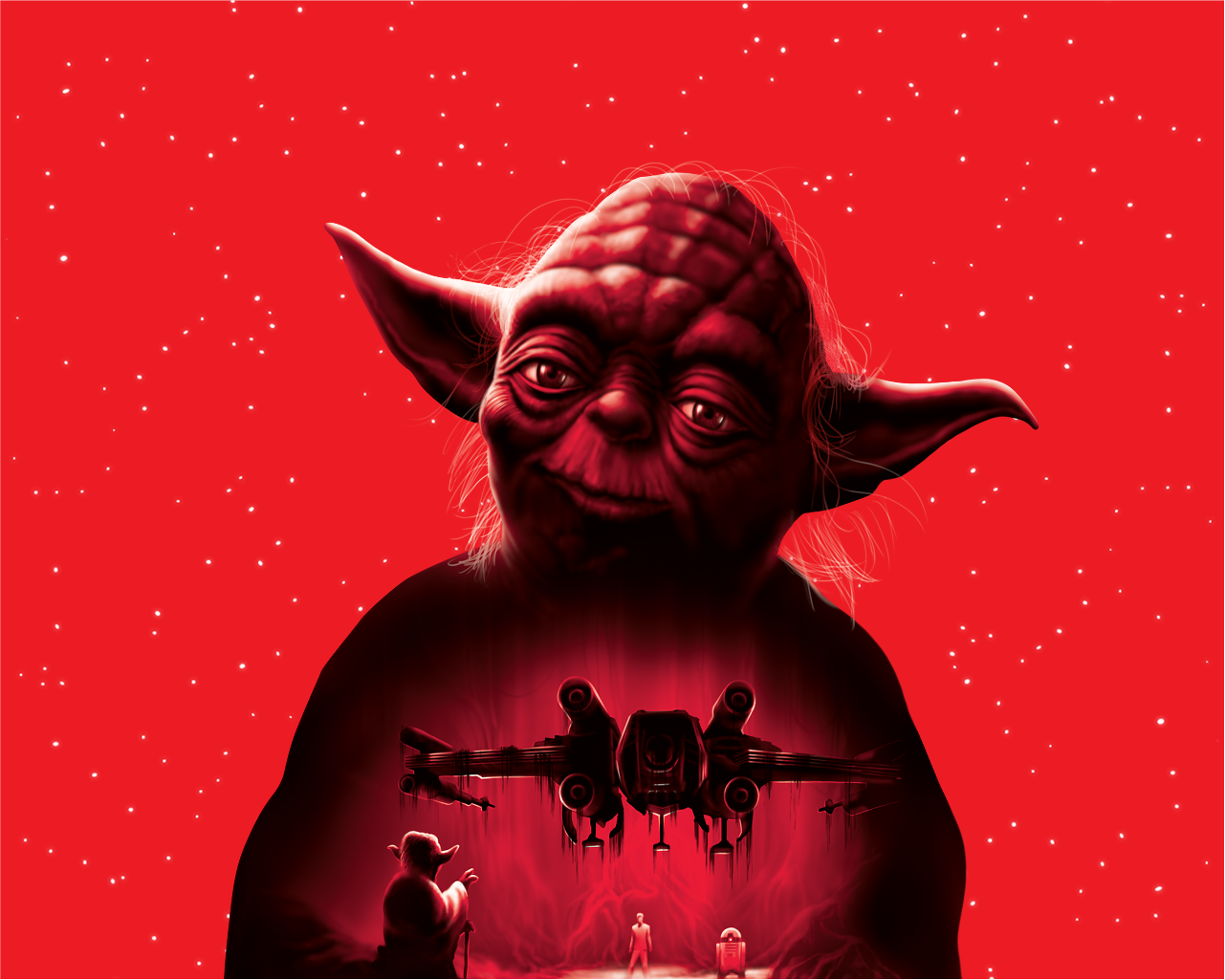 Star Wars character Yoda against a starry red background with a X-wing starfighter in the distance