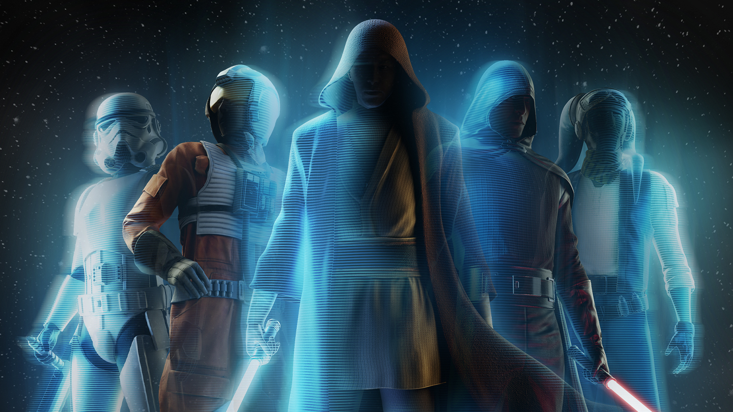 Star Wars hologram characters in plow formation
