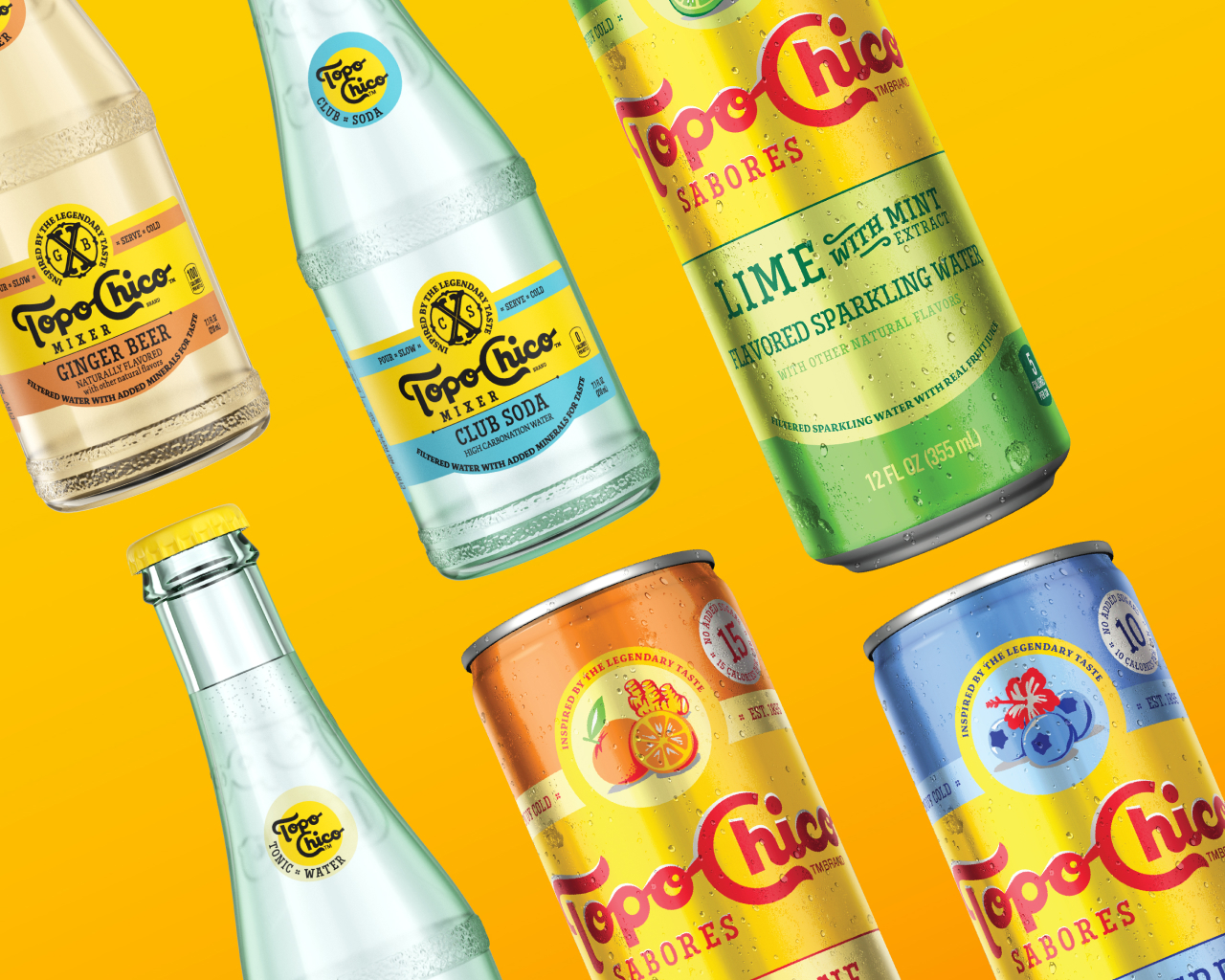 rows of cans and bottles of topo chico