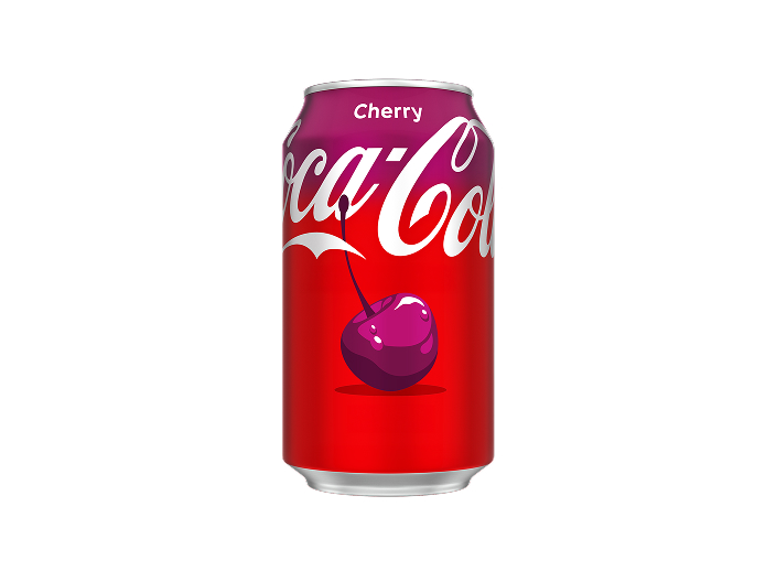Lata roja y morada de Coca-Cola sabor Cherry, sobre fondo blanco. Muestra la palabra "Cherry" en la parte superior, el logotipo de Coca-Cola en escritura blanca y una ilustración de una cereza con su rabito.