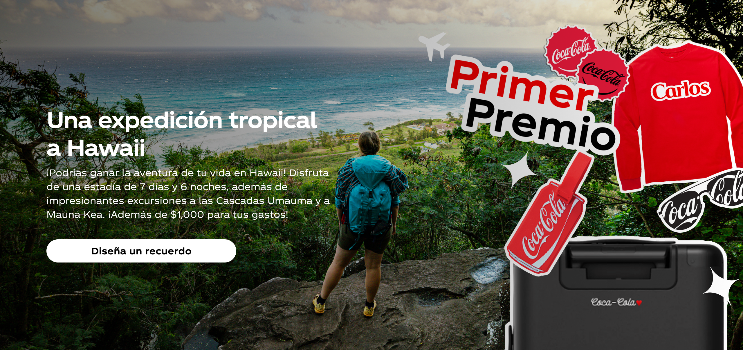 Logo de Fábrica de recuerdos y Comparte una Coca-Cola sobre un fondo rojo con stickers flotantes donde se lee Bien fría, Disfruta y Magia de verdad. El texto dice "Haz que tus recuerdos sean más memorables" con un CTA para combinar recuerdos y crear un video personalizado para tus amigos.