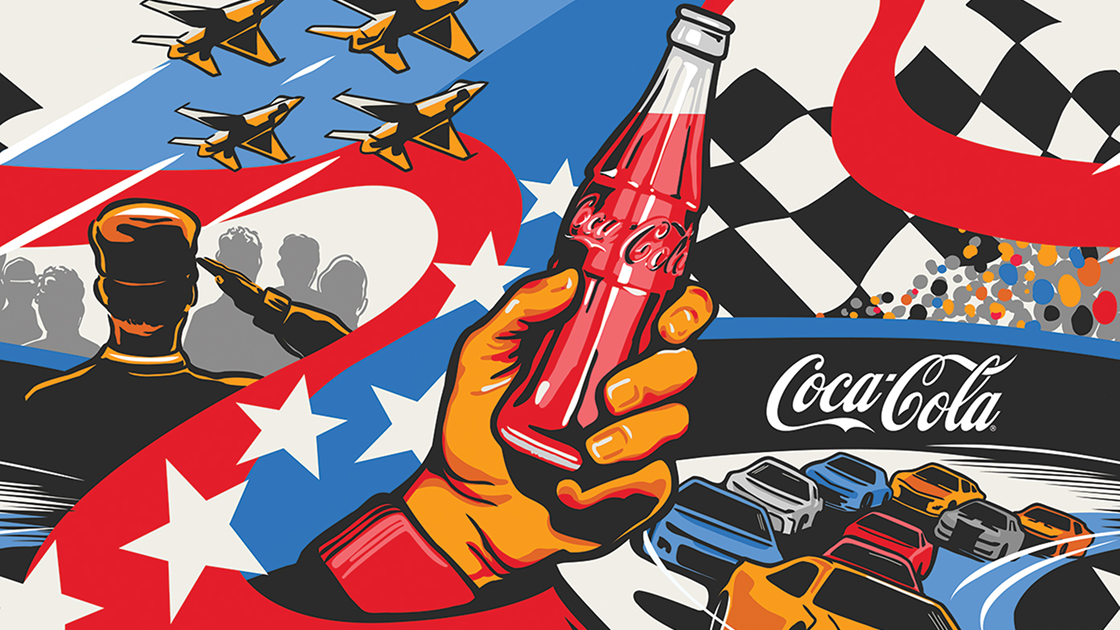 Miniatura de video del vibrante arte de carreras de Amber Thompson con aviones, autos y una mano con una Coca‑Cola.