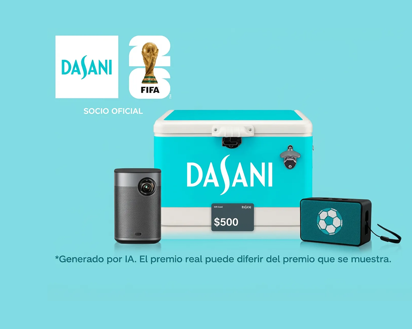 Paquete de premios Dasani con hielera turquesa, proyector, bocina y tarjeta de $500 del casillero de premios Coca‑Cola x FIFA.