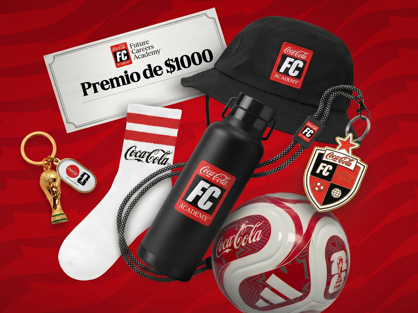 Premios del sorteo de Coca-Cola FC Academy que incluyen un premio de $1000, un balón de fútbol y un gorro de pescador.