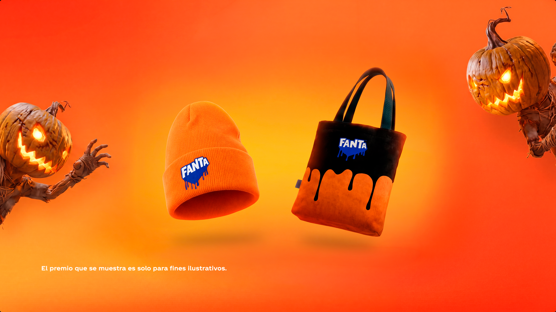 Banner promocional de Fanta Halloween con un gorro, un bolso y dos figuras con cabeza de calabaza.
