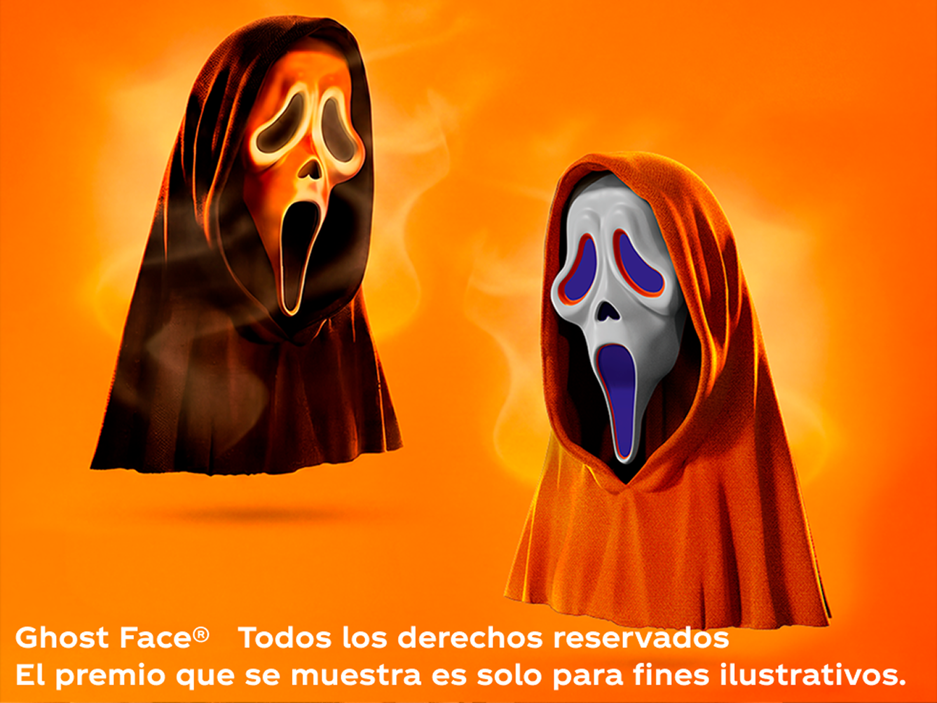 Dos máscaras de Ghost Face, incluida una edición limitada que brilla en la oscuridad, flotando sobre un fondo naranja en una imagen de premio de Fanta Halloween.