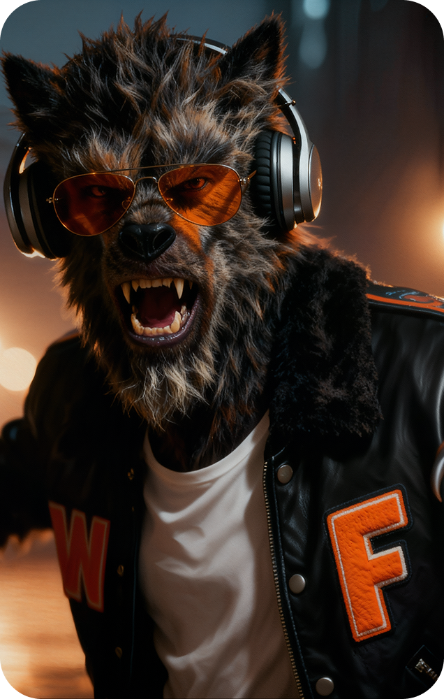Howlie con gafas de sol y chaqueta universitaria en una tarjeta promocional de Fanta Halloween.