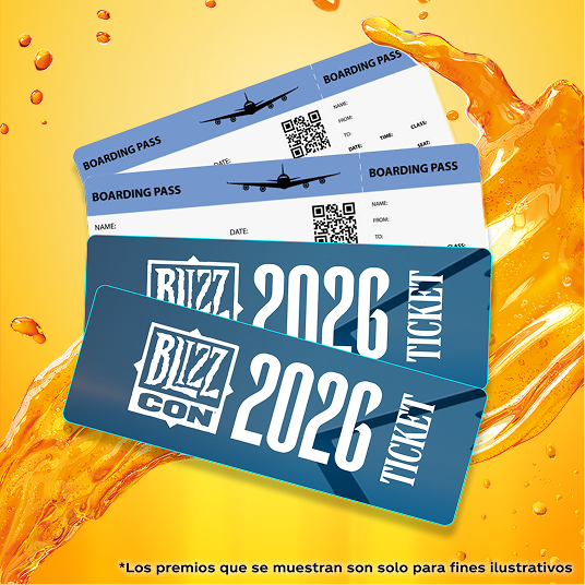 Dos billetes de avión y dos pases para Blizzcon sobre un fondo líquido color naranja Fanta. 