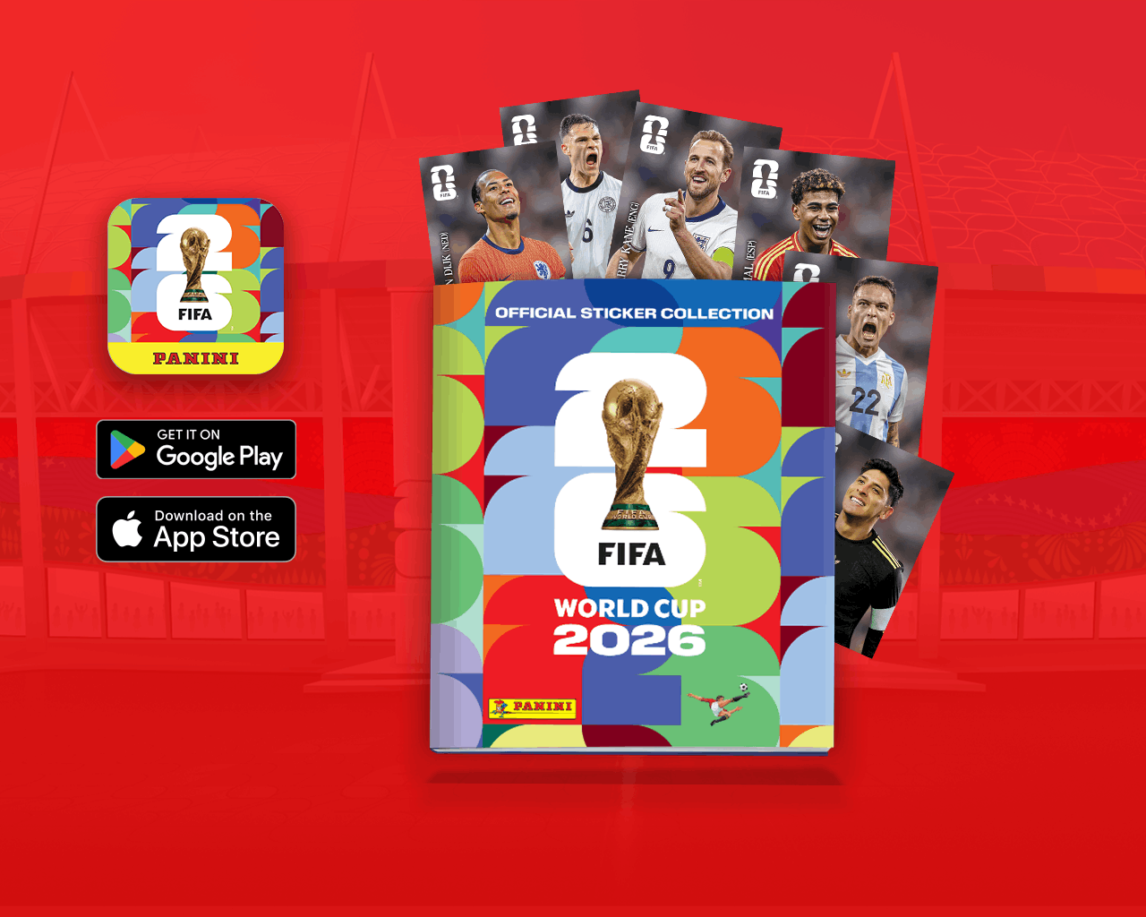 Álbum digital FIFA World Cup 2026™ junto a figuritas de jugadores y logos de tiendas de apps