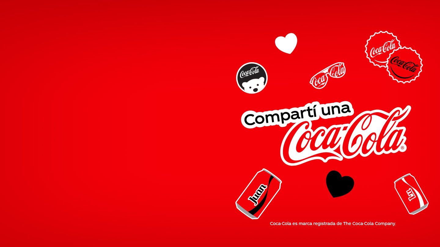 Texto "Compartí una Coca-Cola" sobre un fondo rojo con ilustraciones de la marca.
