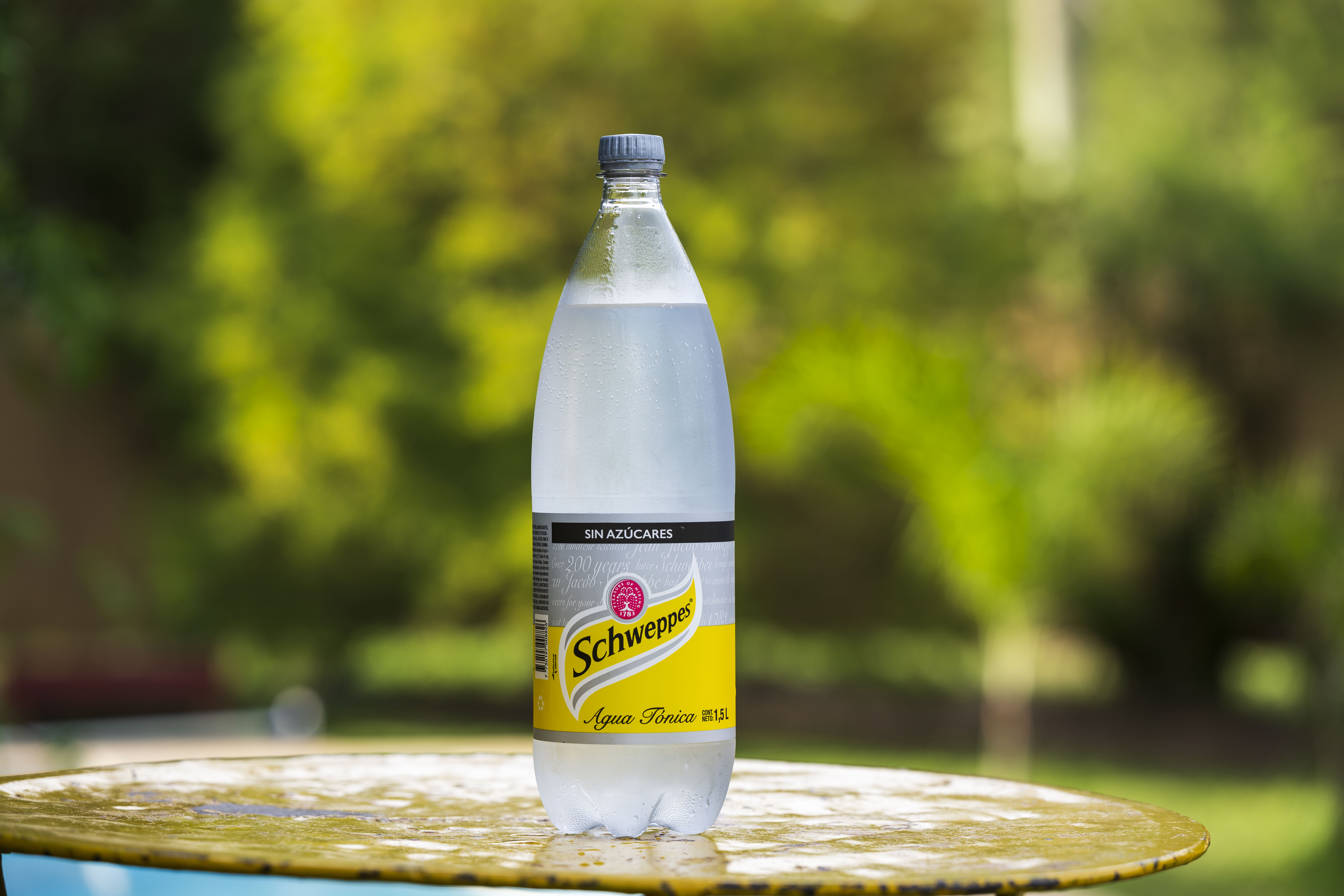 Botella de Schweppes Tónica Sin Azúcar sobre una mesa