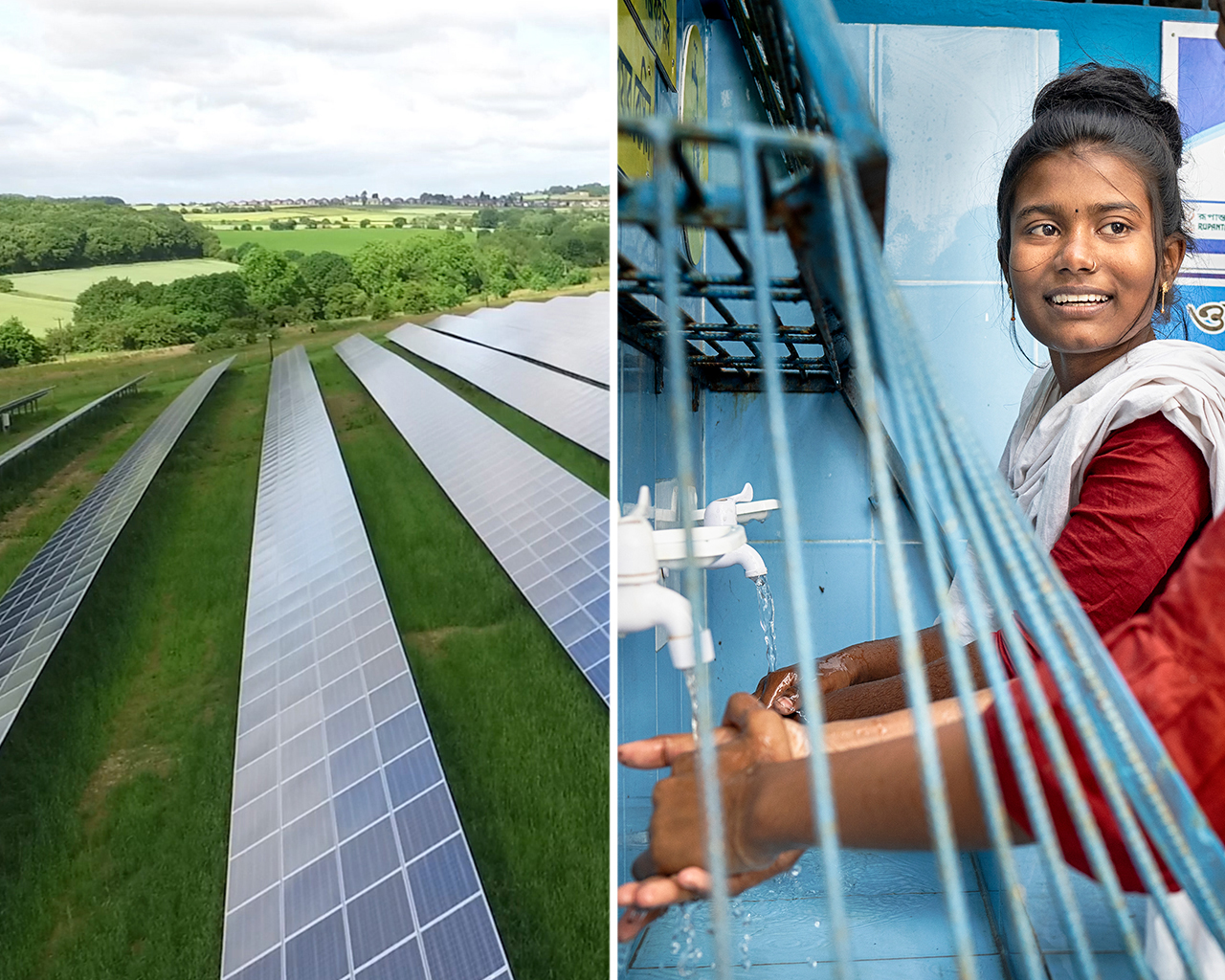 Grupo de três imagens colocadas lado a lado, incluindo duas mulheres sorrindo enquanto lavam suas mãos, um brinde com garrafas de Coca-Cola e uma vista aérea de vários painéis de energia solar em um campo