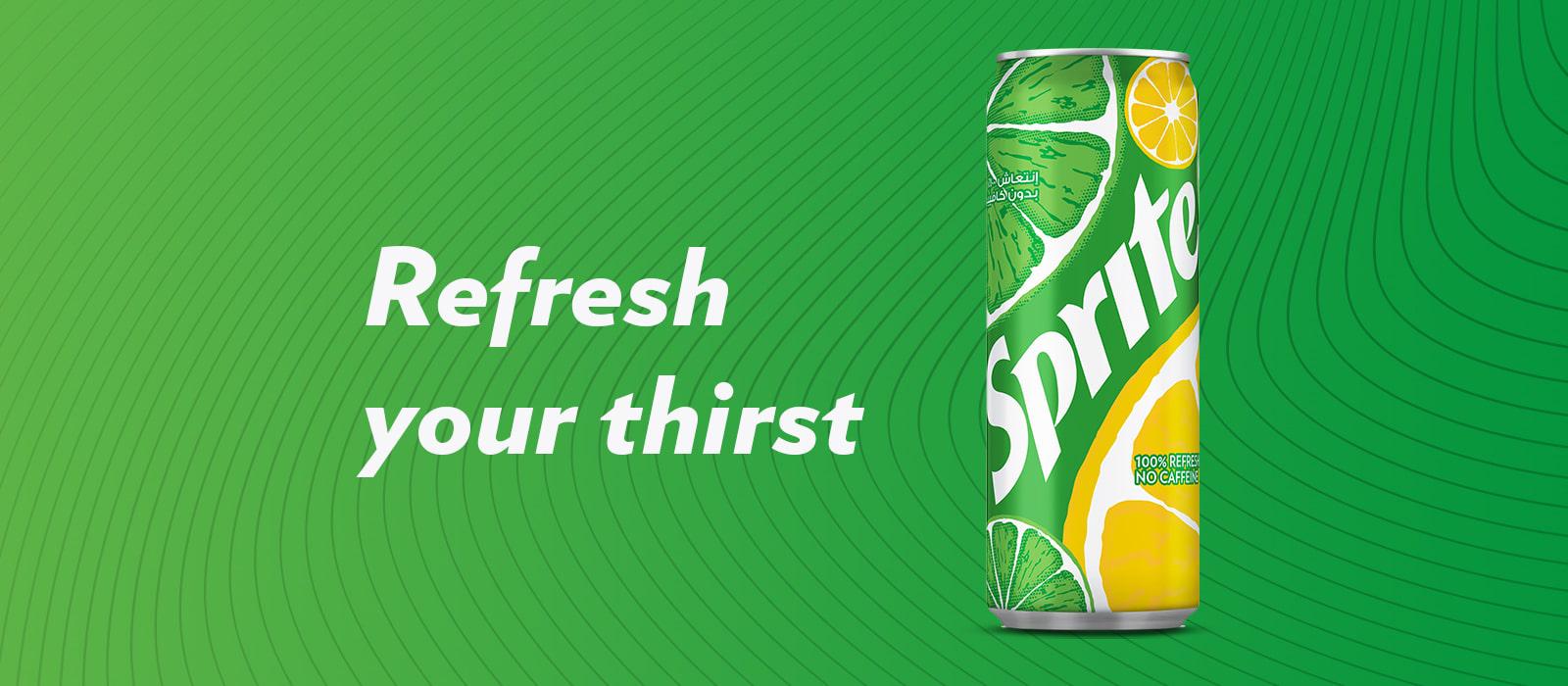 Sprite can on a green background with the phrase 'Refresh your thirst'