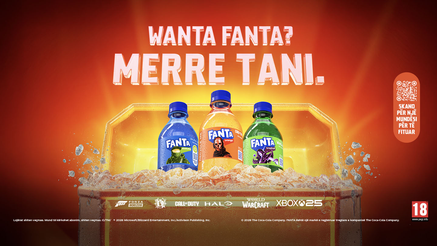 A rewards chest opened to reveal Fanta cans featuring characters from Forza Horizon 6, Call of Duty, Diablo IV, Halo and World of Warcraft. Text reads: "Wanta Fanta? Come get it."