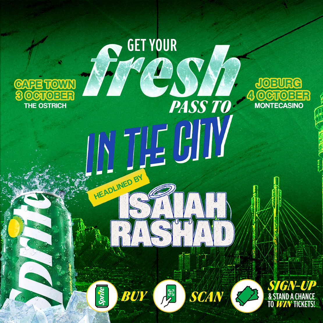 Promotional banner for Sprite In The City South Africa headlined by Isaiah Rashad. Buy and scan Sprite to win tickets.