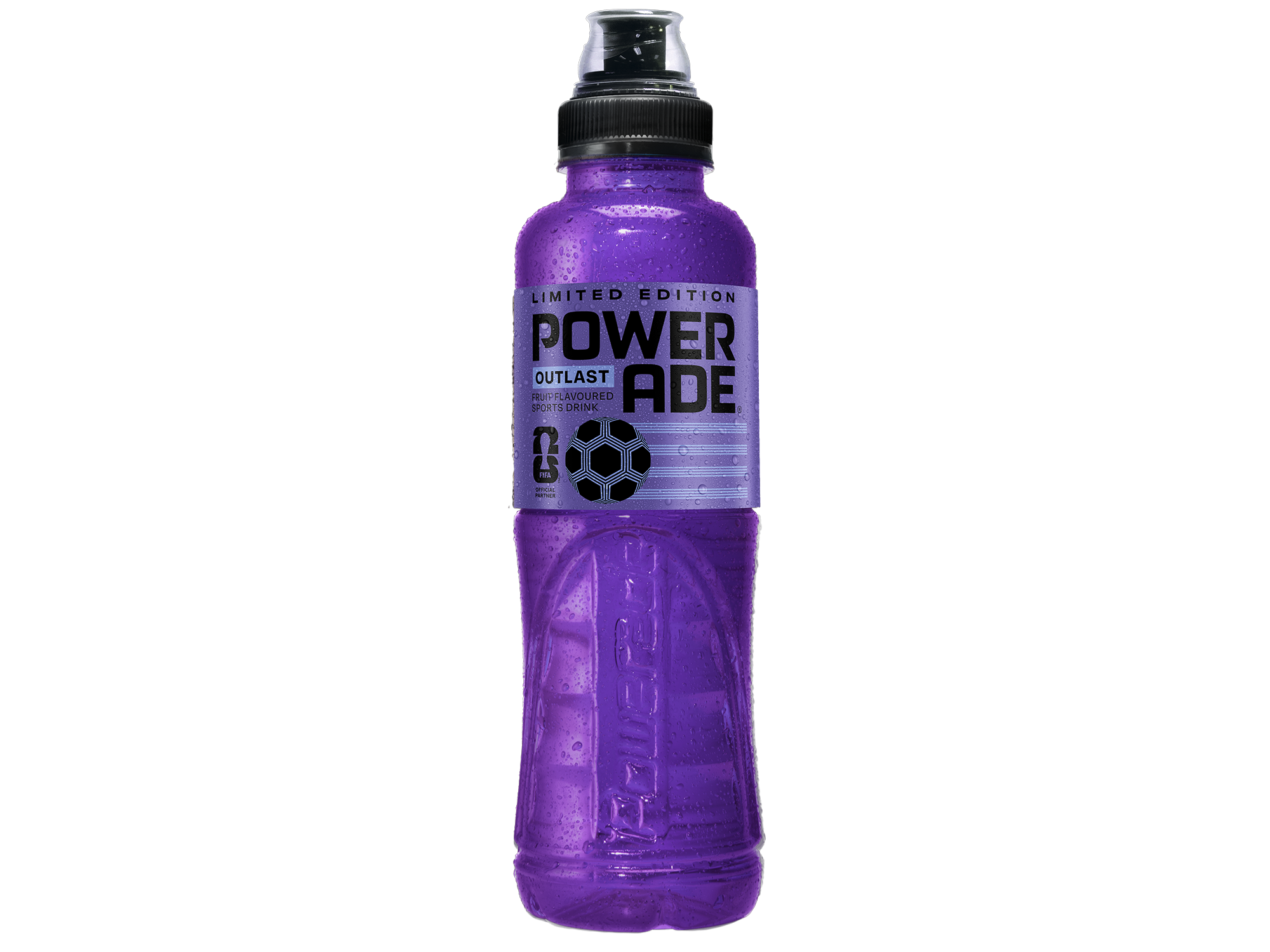 Limited‑edition purple Powerade Outlast sports drink bottle with black pull‑cap, water droplets on the bottle, and FIFA Official Partner logo on the label.