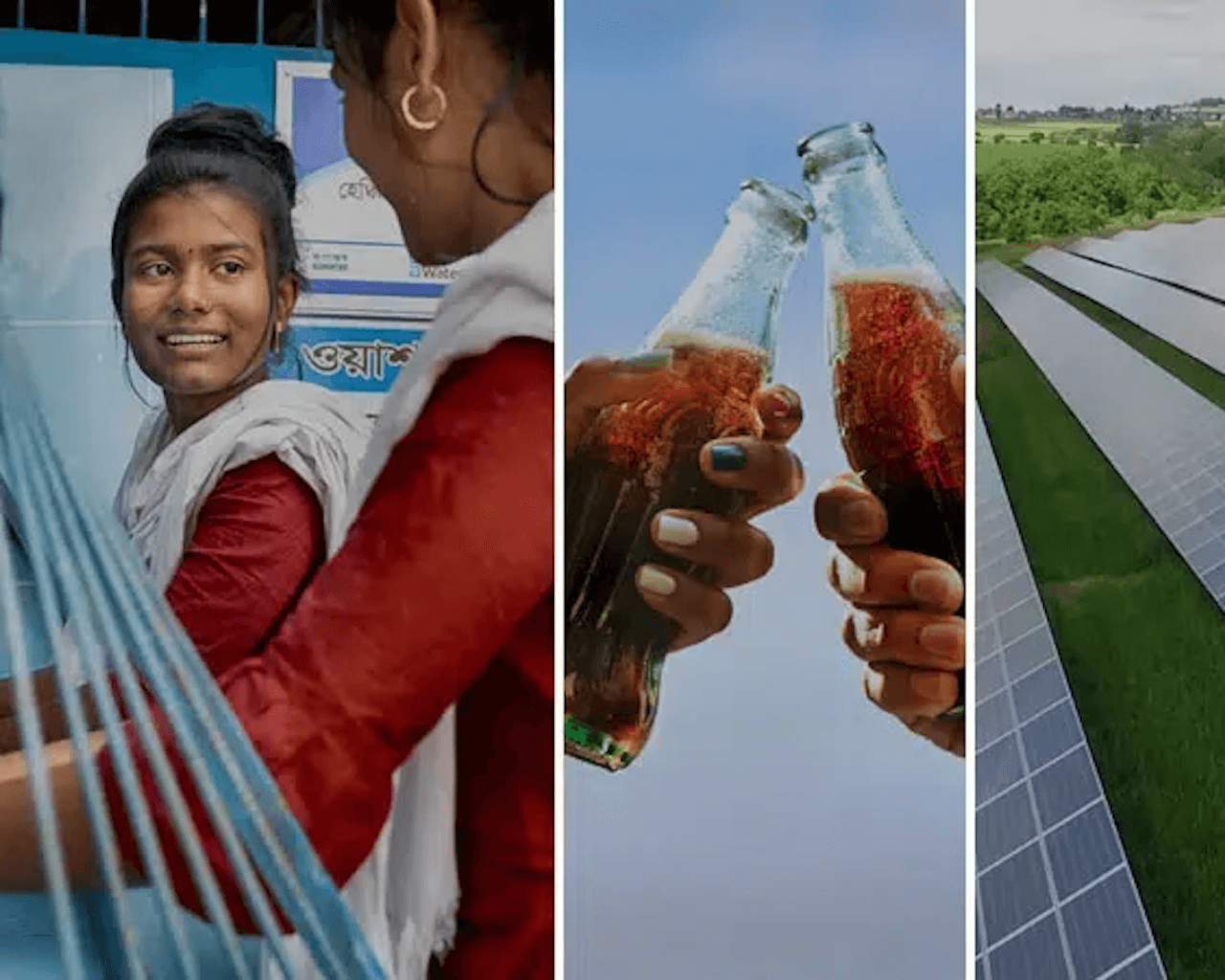 Colaj de imagini cu două fete care se spală pe mâini, un câmp de panouri solare și două mâini care ciocnesc cu sticle de Coca-Cola