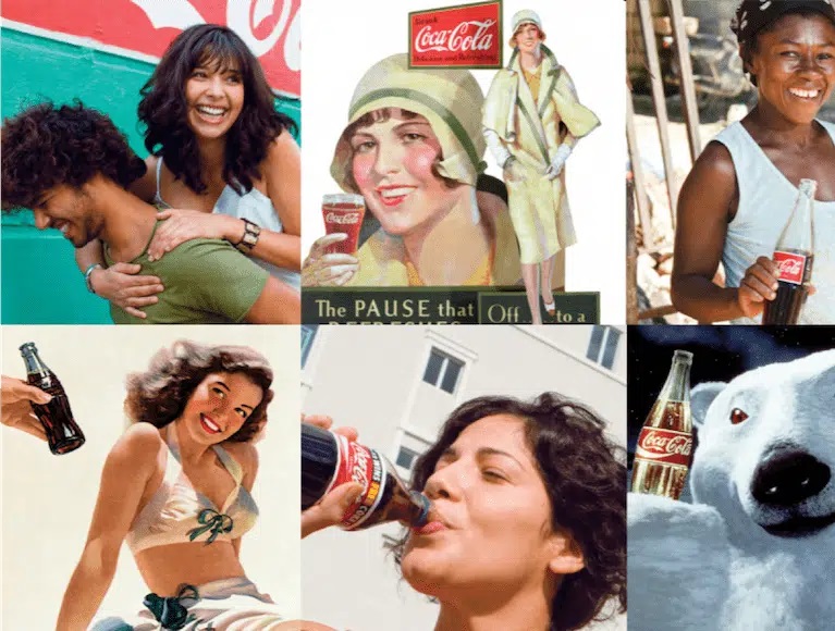 Una imagen que representa varios comerciales de Coca-Cola a lo largo del tiempo