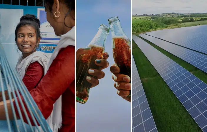 Group of three images grouped side by side including two women smiling, a toast with two Coca-Cola bottles, and the top view of a group of solar electric panels in an open field